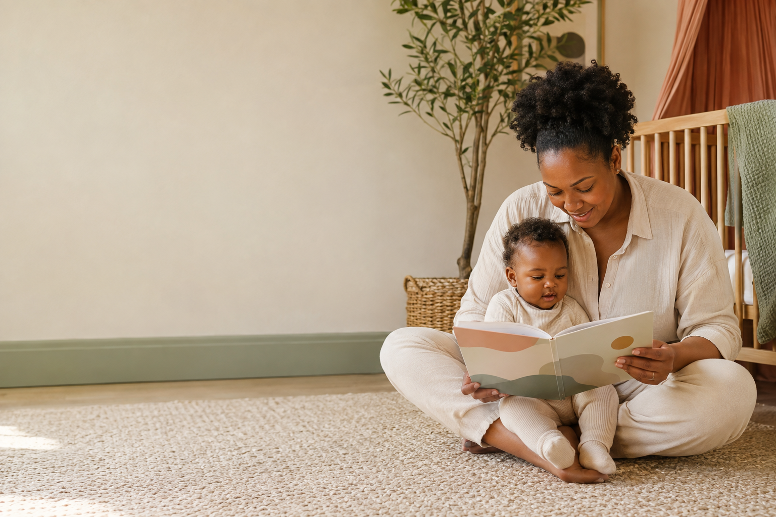 A mother and her baby sharing a quiet moment with a guide at home